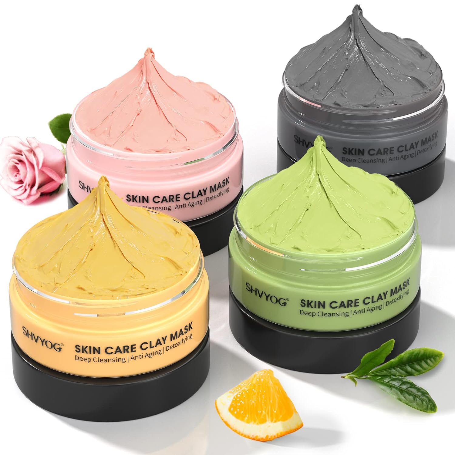 4 Pcs Clay Mask Gift Set, Turmeric Vitamin C Clay Mask, Green Tea Mask, Dead Sea Mud Mask, Rose Clay Mask, Face Masks Skincare Clay Facial Mask for Deep Cleansing, Moisturizing and Refining Pores 240g