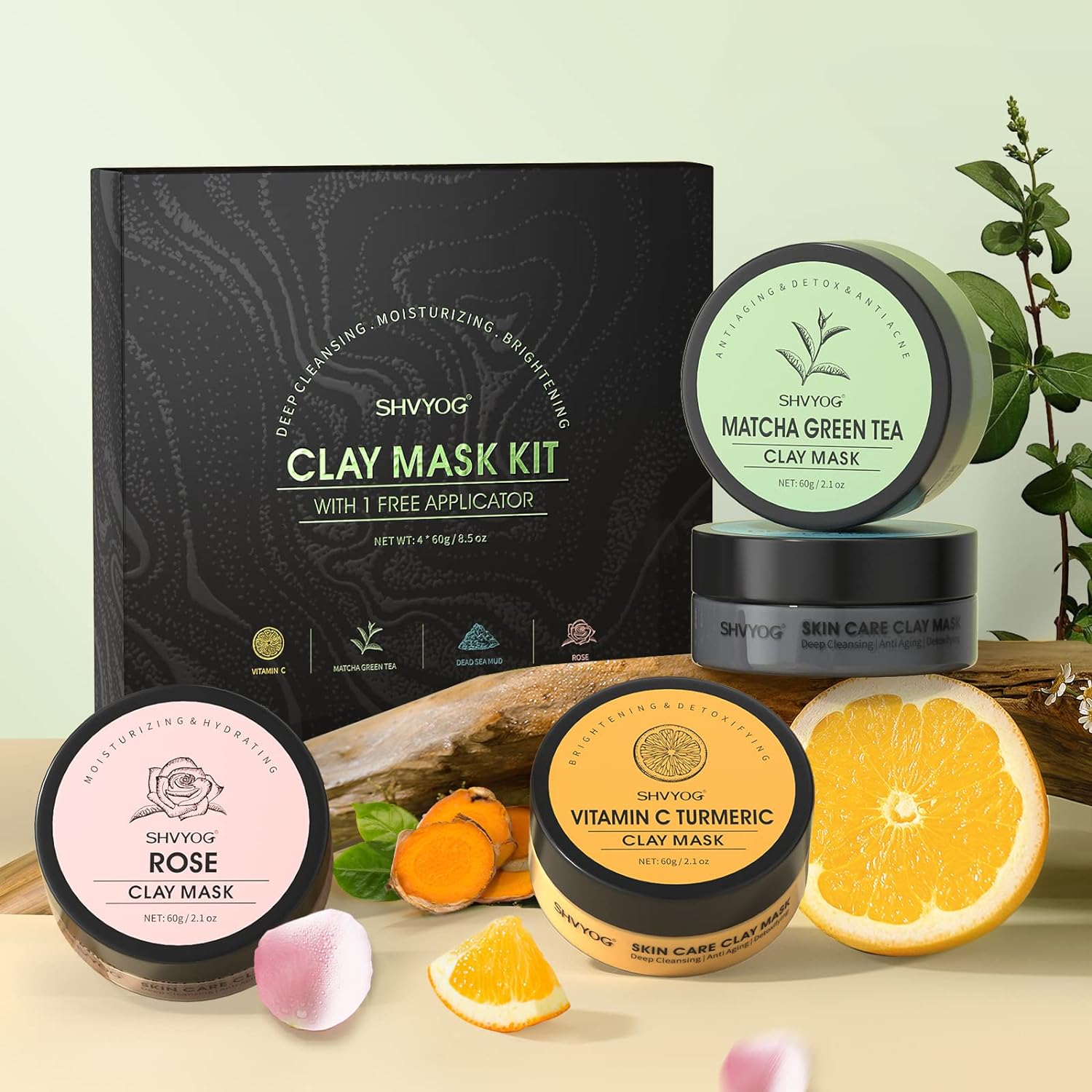 4 Pcs Clay Mask Gift Set, Turmeric Vitamin C Clay Mask, Green Tea Mask, Dead Sea Mud Mask, Rose Clay Mask, Face Masks Skincare Clay Facial Mask for Deep Cleansing, Moisturizing and Refining Pores 240g