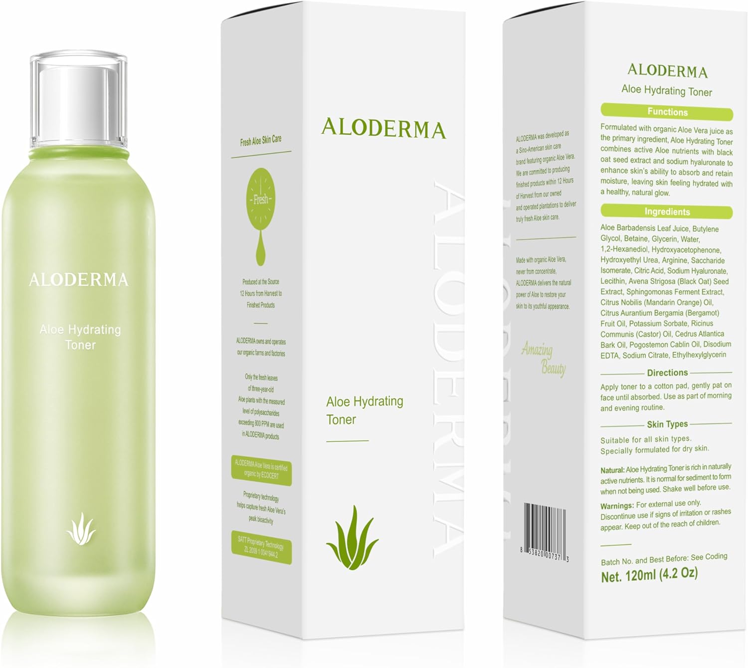Aloderma Aloe Hydrating Facial Toner with 91% Organic Aloe Vera Juice - Natural Moisturizing Aloe Vera Toner for Face with Arginine - Aloe Vera Face Toner for Women  Men for All Skin Types, 4.2 oz