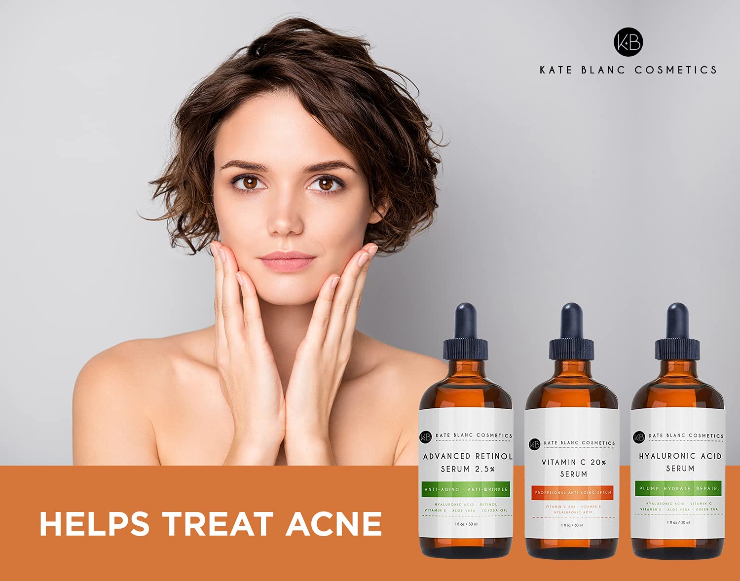 Anti Aging Serum Set for Women  Men - Kate Blanc Cosmetics - 98% Natural, 72% Organic. Vitamin C Serum, Hyaluronic Acid Serum, Retinol Serum for Face. Anti Wrinkle  Dark Spot Corrector