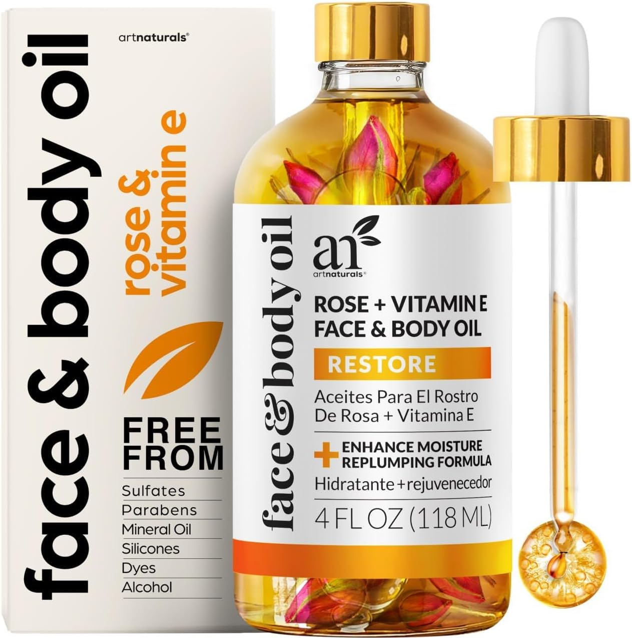 Artnaturals Organic Rose + Vitamin E Face Oil 4.0oz - for Body  Hair - 100% Natural, Moisturize, Rejuvenate  Enhance your skin - Anti-Aging Moisturizer Facial Oil for Fine Lines, Scars  Wrinkles