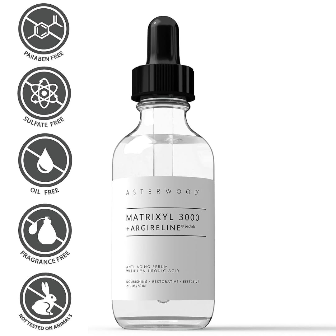 ASTERWOOD NATURALS Matrixyl 3000 + Argireline + Hyaluronic Acid Organic Serum for Face; Anti-Aging Face Serum, Anti-Wrinkle Serum, Facial Skin Serum Skin Care Products, 237ml/8 oz