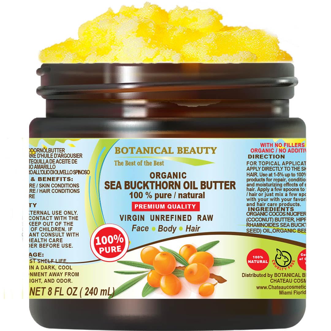 Botanical Beauty Organic SEA BUCKTHORN OIL BUTTER Pure Natural Virgin Unrefined RAW 8 Fl. Oz.- 240 ml for FACE, SKIN, BODY, DAMAGED HAIR, NAILS, Anti-Aging. omega-3, 6, 7, 9, vitamins C