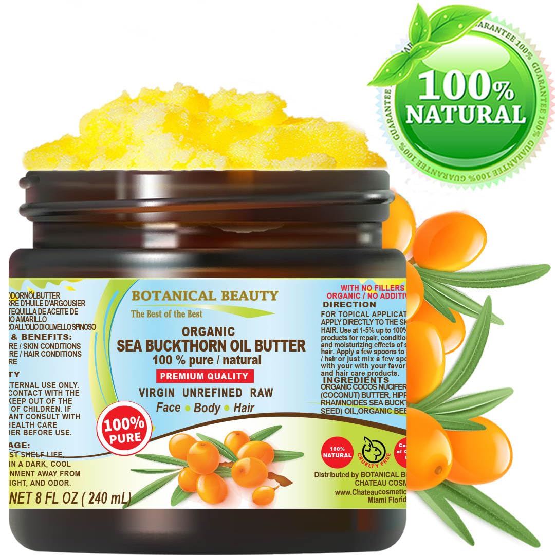 Botanical Beauty Organic SEA BUCKTHORN OIL BUTTER Pure Natural Virgin Unrefined RAW 8 Fl. Oz.- 240 ml for FACE, SKIN, BODY, DAMAGED HAIR, NAILS, Anti-Aging. omega-3, 6, 7, 9, vitamins C