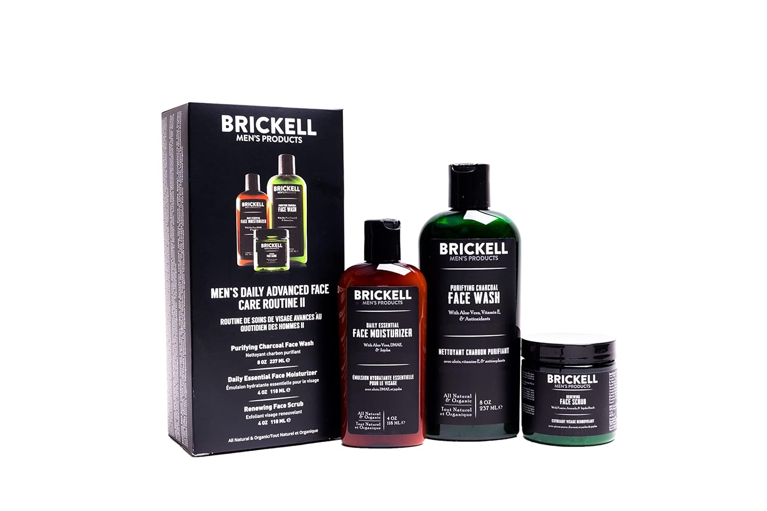 Brickell Mens Daily Advanced Face Care Routine II, Activated Charcoal Facial Cleanser, Face Scrub, Face Moisturizer Lotion, Natural and Organic, Scented