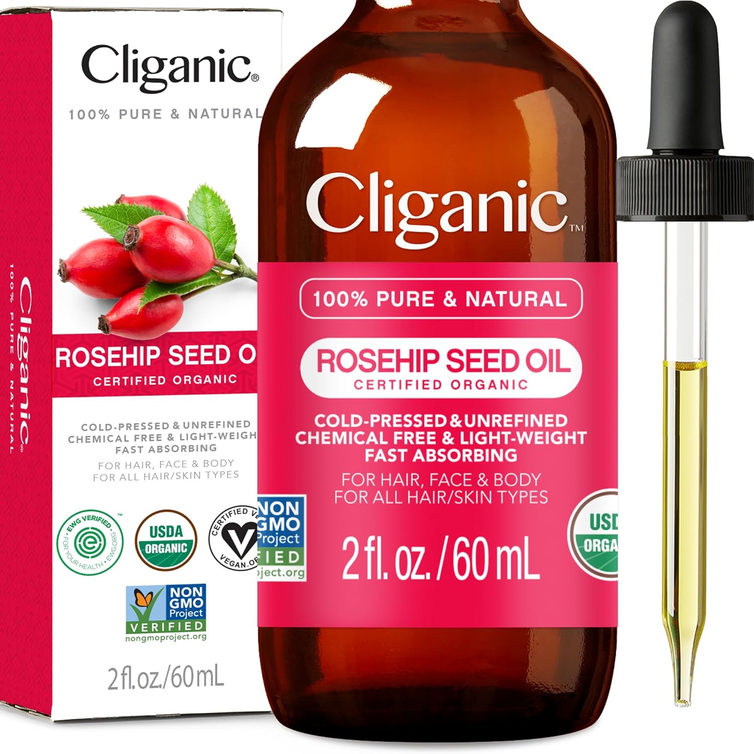 Cliganic Organic Rosehip Seed Oil for Face, 100% Pure | Natural Cold Pressed Unrefined Non-GMO | Carrier Oil for Skin, Hair  Nails