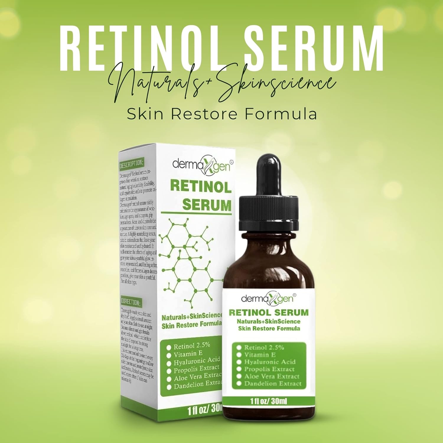 Dermaxgen Retinol Serum - Pure Organic Anti Aging, Anti Wrinkle Face Wrinkles | Renewing and Restore with Hyaluronic Acid, 1 fl oz