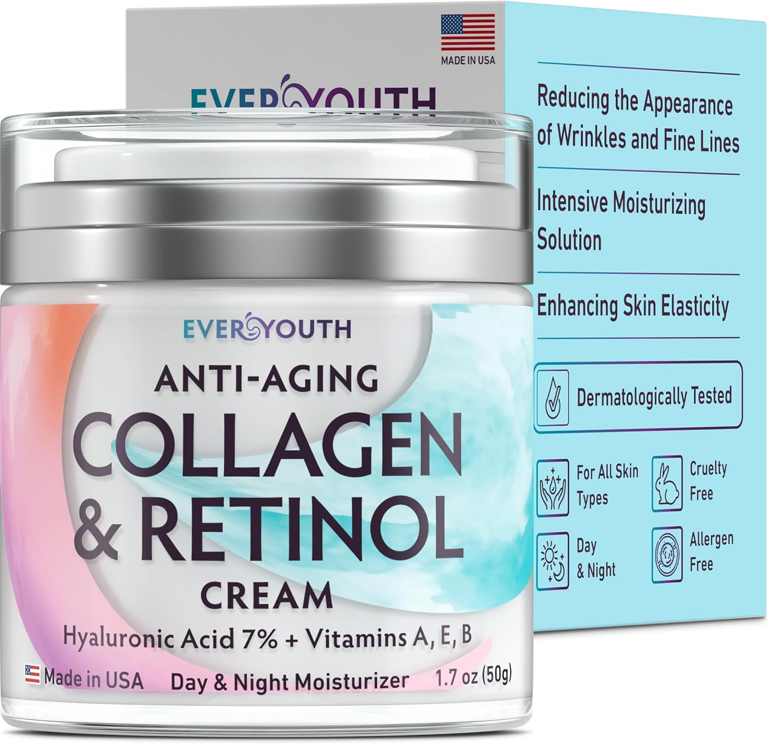 EVERYOUTH Collagen Retinol Face Moisturizer with Hyaluronic Acid - Moisturizer Face Cream - Made in USA - Day  Night Cream for Women - Anti Wrinkle Cream for Face - Daily Facial Moisturizer - 1.7oz
