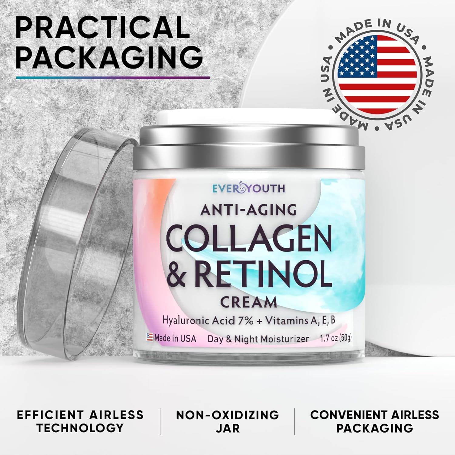 EVERYOUTH Collagen Retinol Face Moisturizer with Hyaluronic Acid - Moisturizer Face Cream - Made in USA - Day  Night Cream for Women - Anti Wrinkle Cream for Face - Daily Facial Moisturizer - 1.7oz