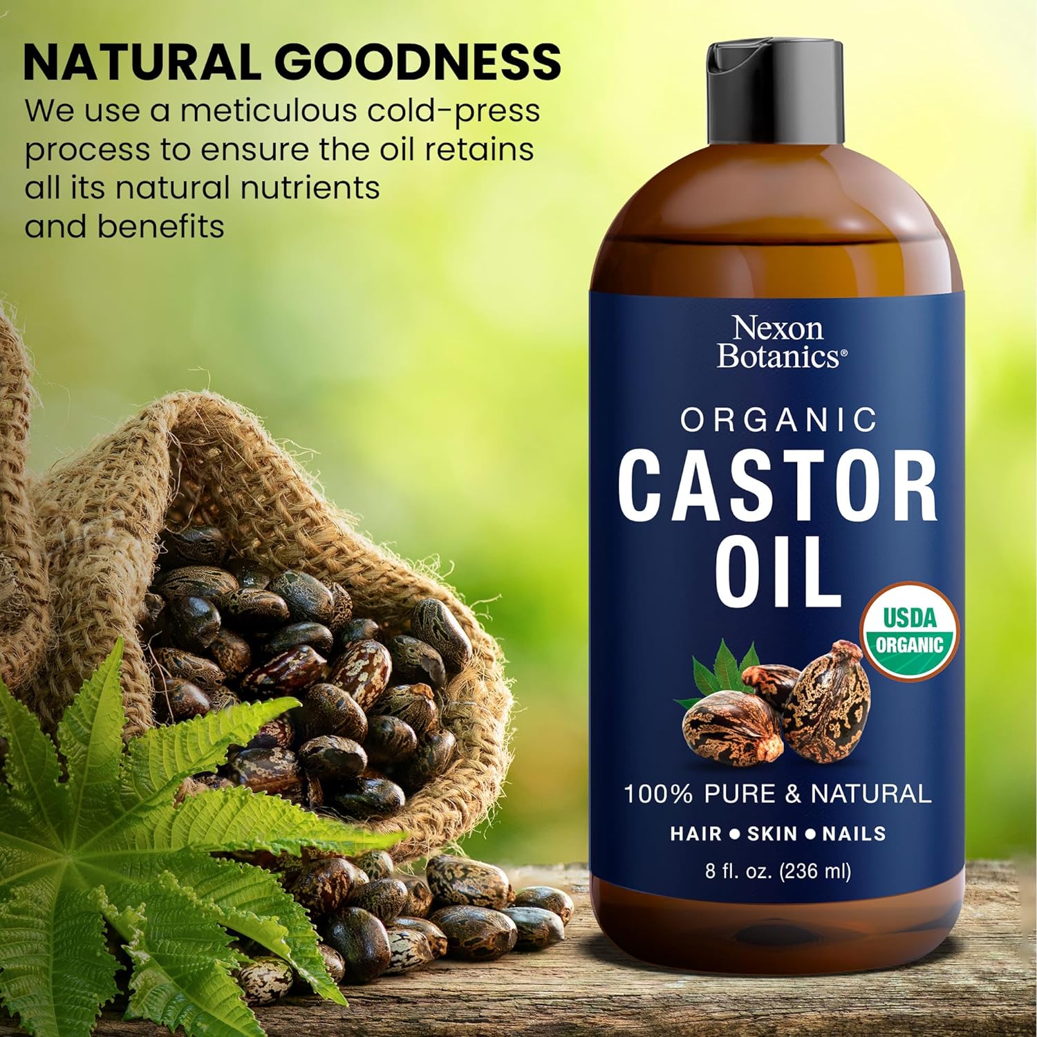 Nexon Botanics Organic Castor Oil 8 fl oz - Castor Oil Organic Cold Pressed Unrefined - Aceite De Ricino Organico - Caster Oil - For Skin Care, Hair Care, Eyelashes, Eyebrows, Body