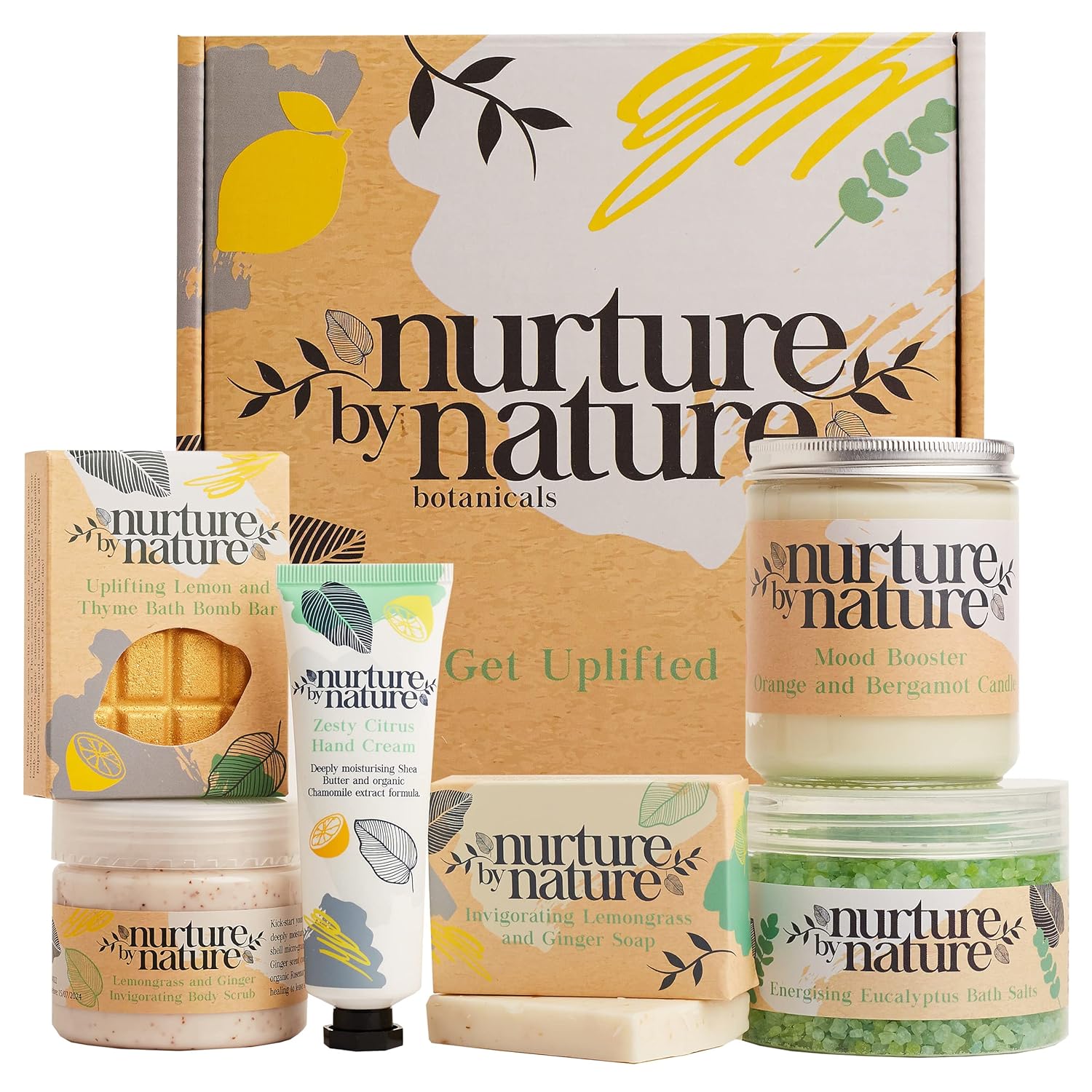 Nurture by Nature Relax  Uplift Pamper Spa Kit - Spa Gift Baskets for Women, Organic Self Care Kit - Bath Salts, Bath Bombs, Candle, Birthday  Mothers Day Gift - At Home Spa kit for women, Bath Set