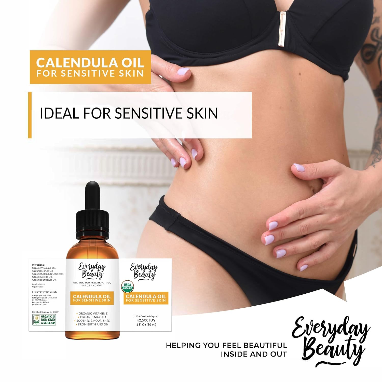 Organic Calendula Oil For Sensitive Skin - USDA Certified 100% Natural Plant Based, Lightweight  Unscented Gentle Soothing Oil For Sensitive Skin - For Face, Skin  All Over - 1 Fl Oz Glass  Dropper