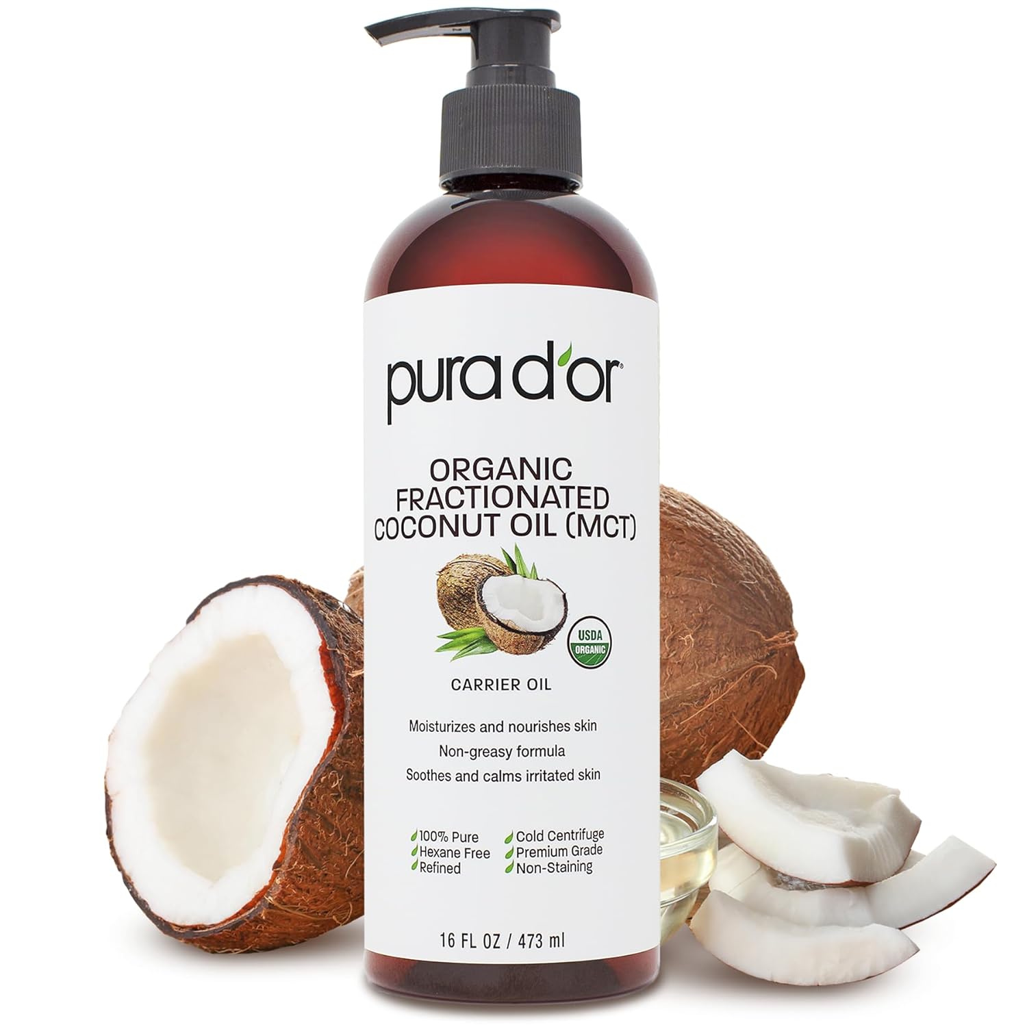 PURA DOR 16 Oz ORGANIC Fractionated Coconut Oil - 100% Pure  Natural USDA Certified Cold Pressed Carrier Oil - Non-Greasy, Unscented, Hexane Free Liquid Moisturizer - Face Skin  Hair - Men  Women