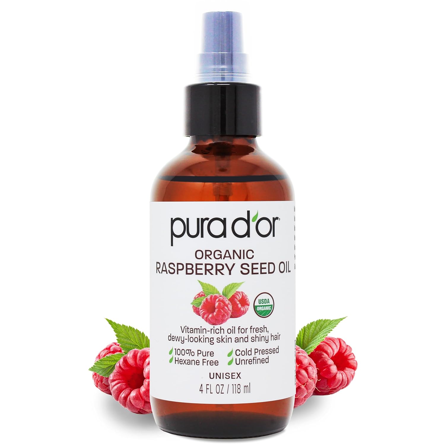 PURA DOR 4 Oz Organic Red Raspberry Seed Oil - 100% Pure USDA Certified Premium Grade Scar Oil  Sunscreen For Hair Raspberry Extract - Cold Pressed Body Oil, Unrefined, Hexane-Free Hair Growth Oil