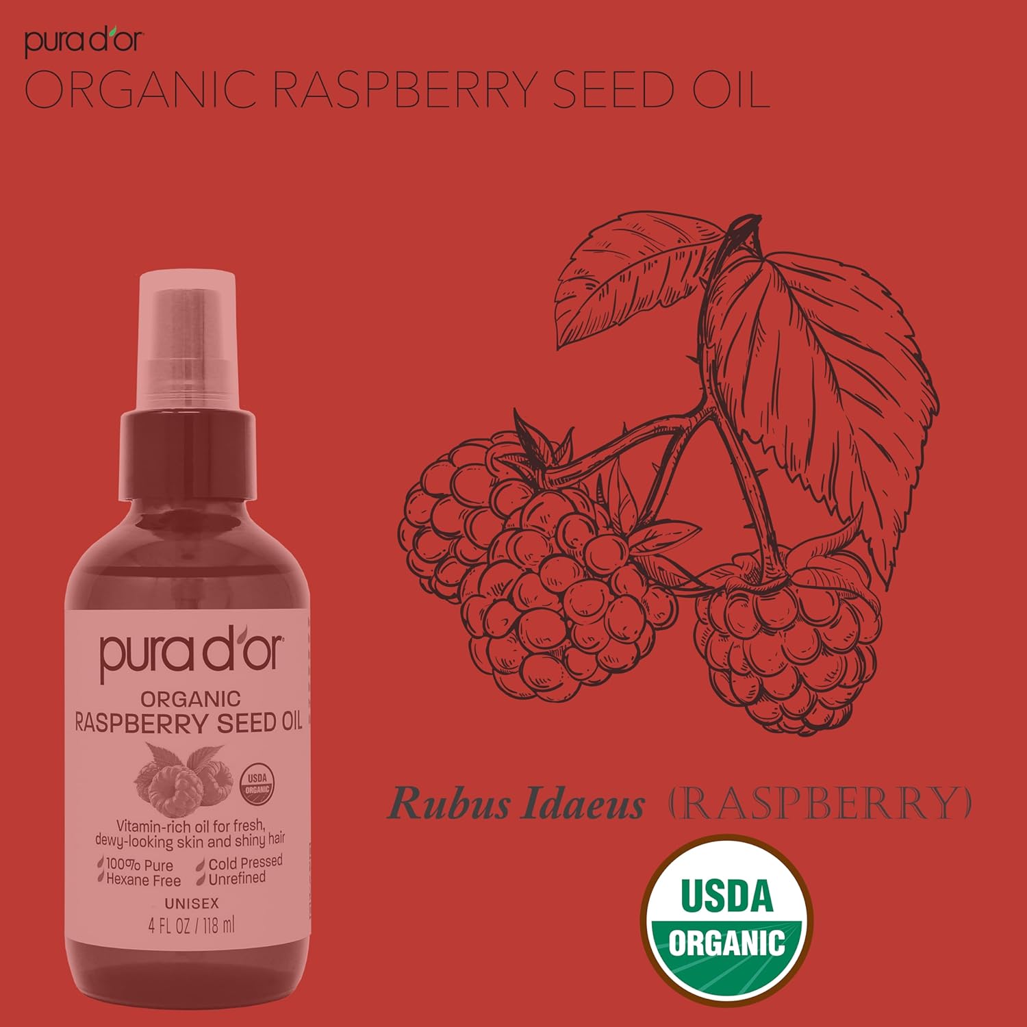 PURA DOR 4 Oz Organic Red Raspberry Seed Oil - 100% Pure USDA Certified Premium Grade Scar Oil  Sunscreen For Hair Raspberry Extract - Cold Pressed Body Oil, Unrefined, Hexane-Free Hair Growth Oil