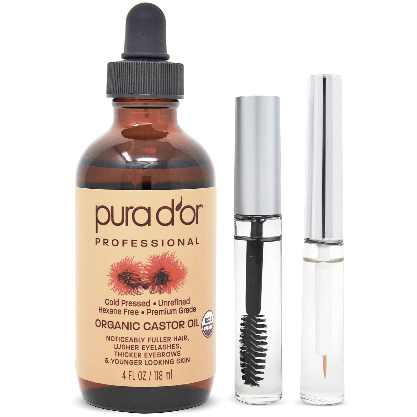 PURA DOR Organic Castor Oil (4oz + 2 BONUS Pre-Filled Eyelash  Eyebrow Brushes) 100% Pure, Cold Pressed, Hexane Free Growth Serum For Fuller, Thicker Lashes  Brows  Moisturizes Skin