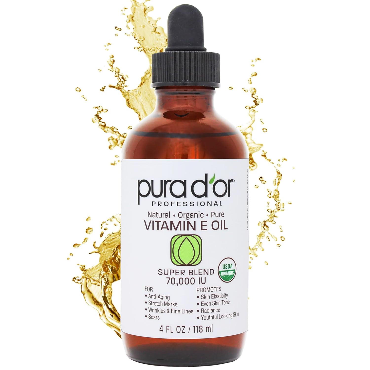 PURA DOR Organic Vitamin E Oil Blend 70,000 IU (4oz / 118mL) 100% Natural Hexane Free, Sweet Almond, Apricot, Jojoba, Argan, Rosehip, Sunflower  Avocado Bath Oil for Scars, Skin, Face  Full Body