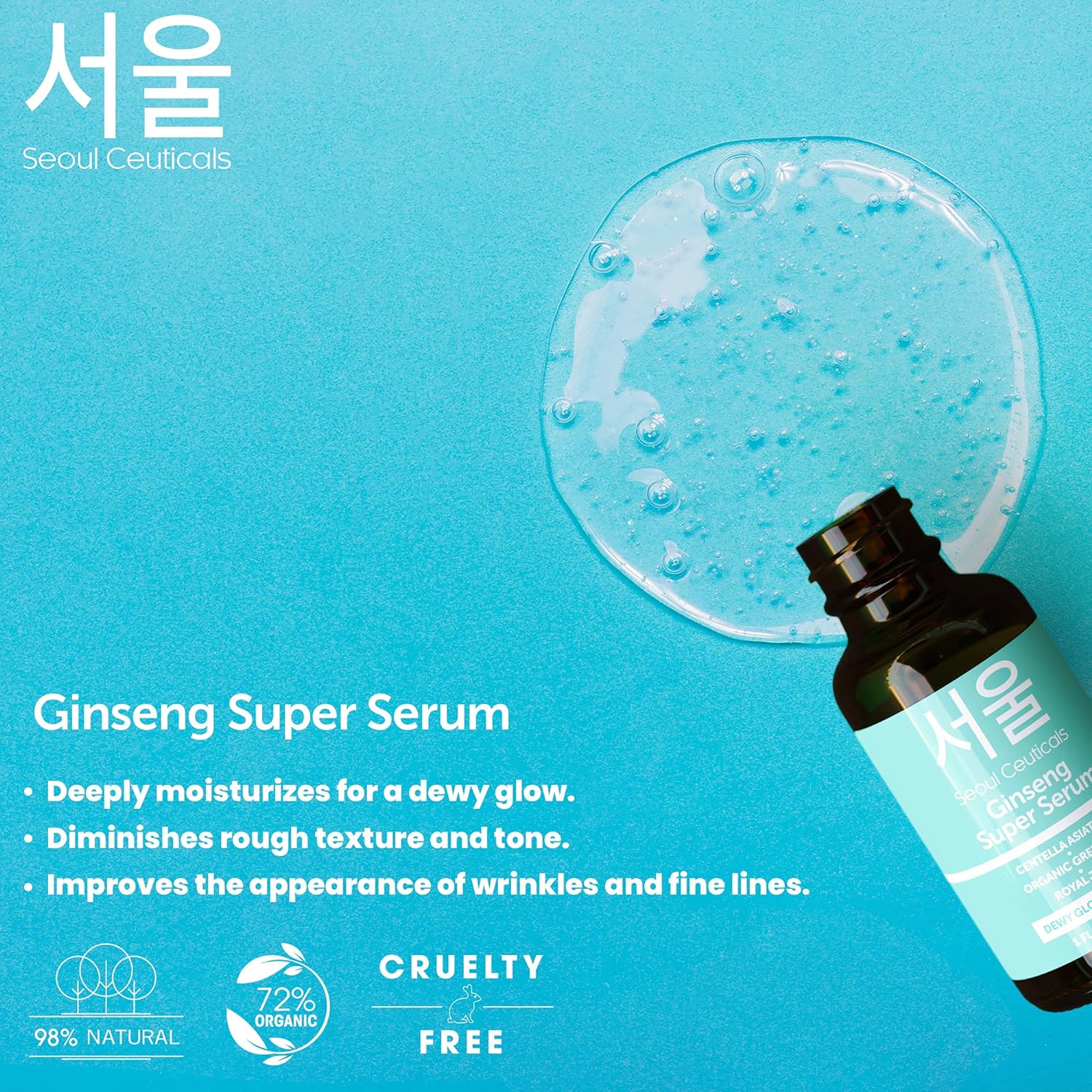 SeoulCeuticals Korean Skin Care Ginseng Serum - K Beauty Skincare with Green Tea + Centella + Royal Jelly - Cruelty Free  Organic for Glass Skin 1oz