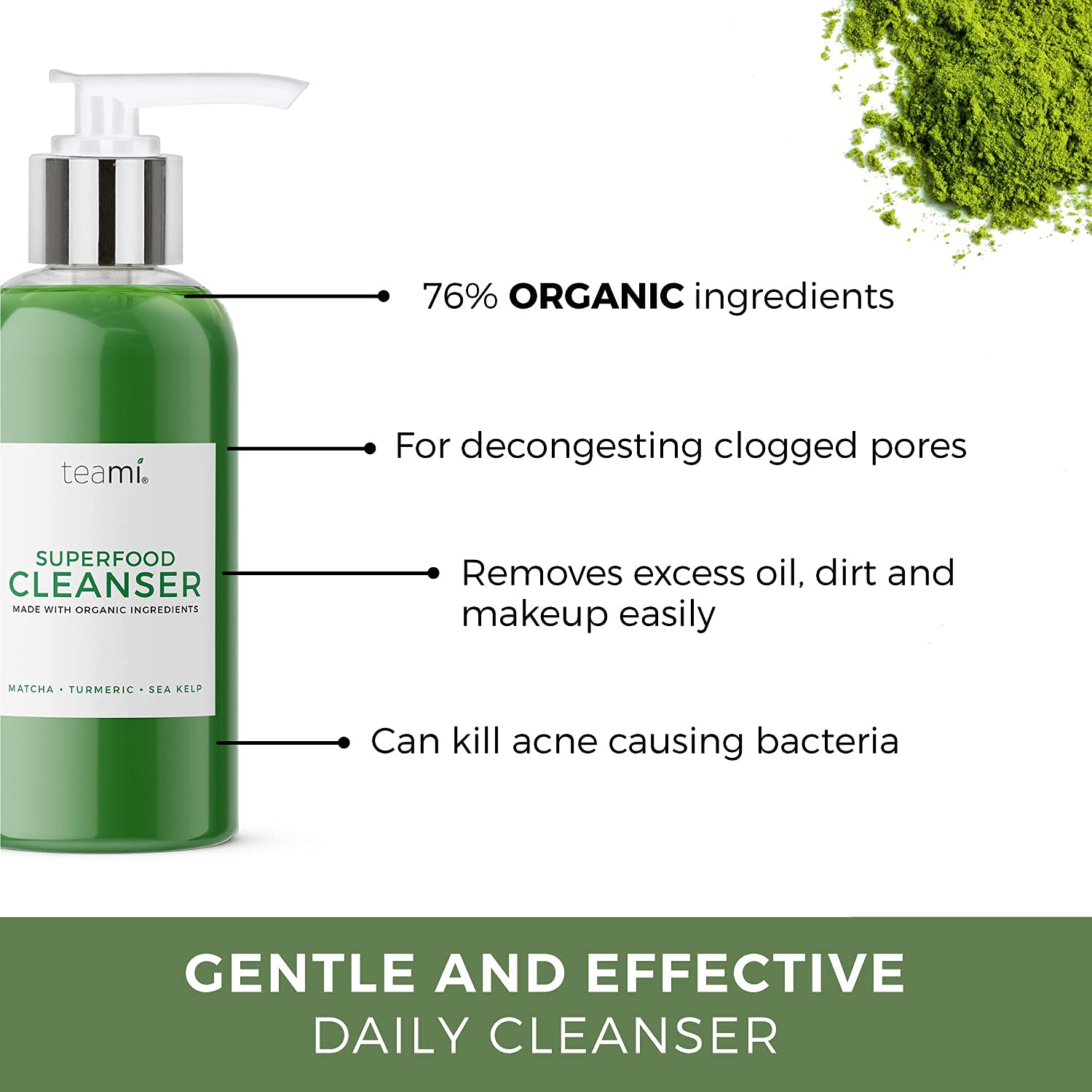 Teami Facial Cleanser with Salicylic Acid, Aloe, Matcha  Sea Kelp - Gentle Organic Acne Face Wash for Makeup Removal - Our Best Hydrating Facial Skin Care Products for Women of All Skin Types