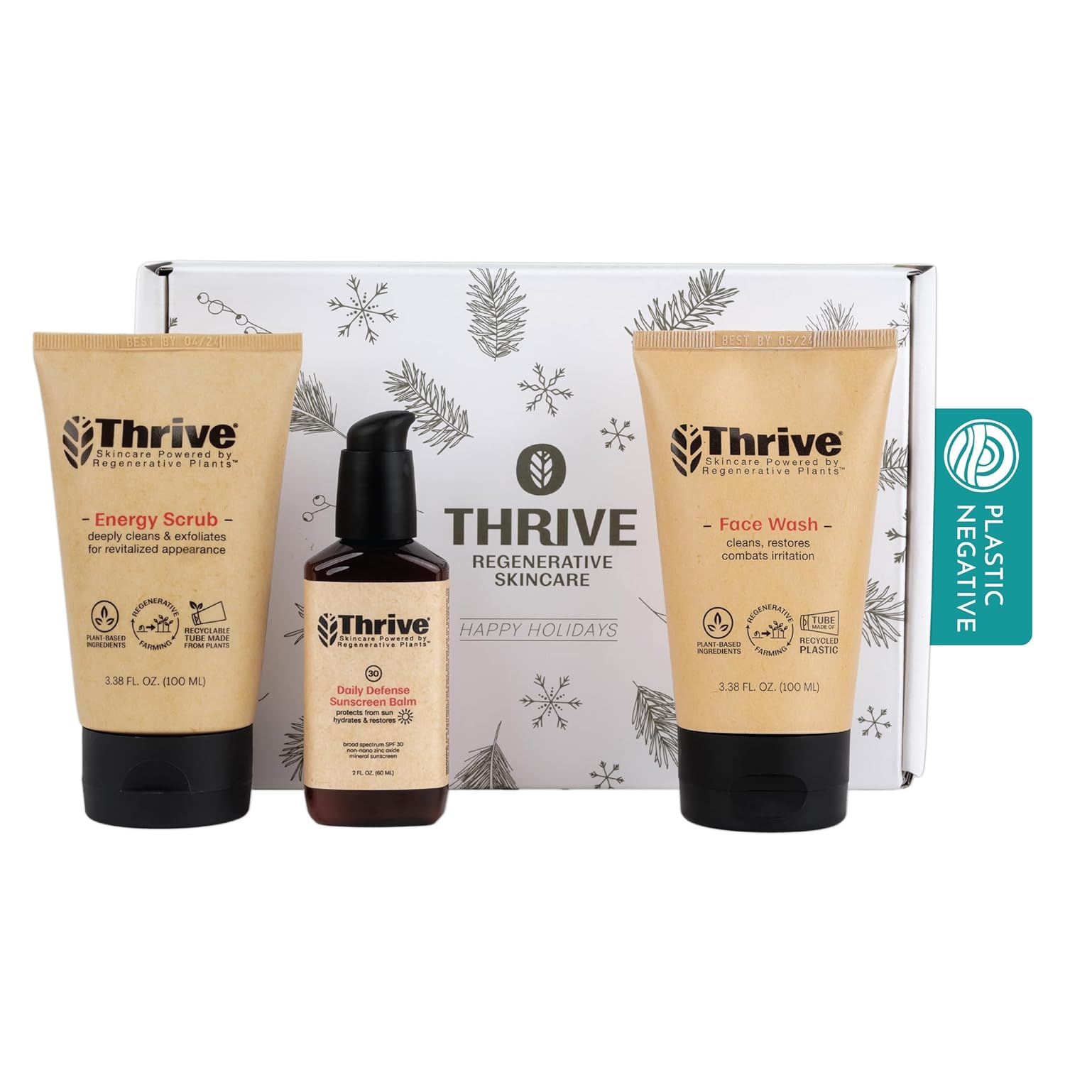 Thrive Natural Care Skin Care Set - Skincare Getaway Gift Set - Christmas Gift with Face Scrub, SPF30 and Face Wash - Vegan  Cruelty Free