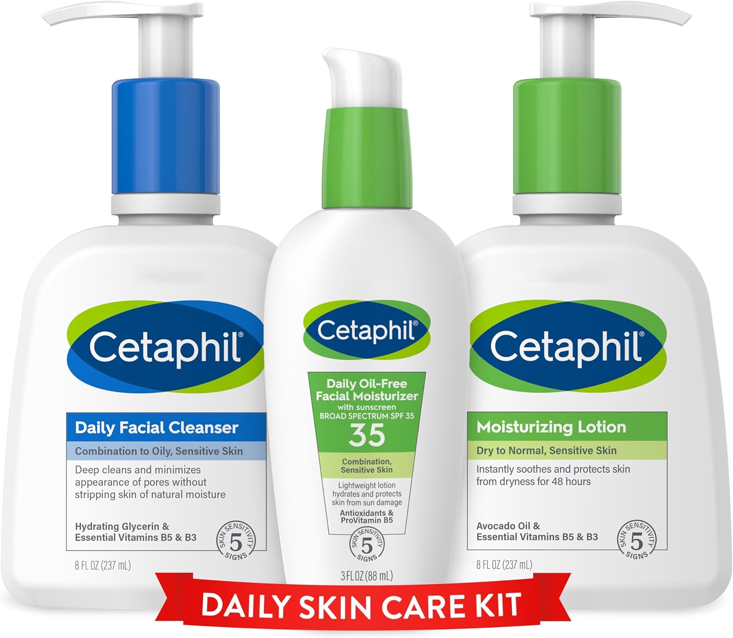 Cetaphil Sensitive Skincare Holiday Kit, Daily Facial Cleanser 8 oz, Moisturizing Lotion 8 oz and Daily Facial SPF 35 Moisturizer 3oz -For Daily Sensitive Skin Routine